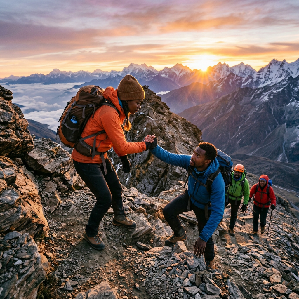 Two hikers helping each other climb rocky mountain trail during sunrise
