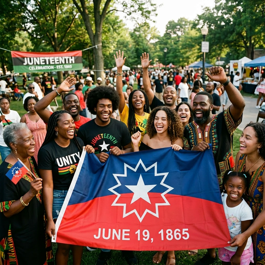 Group of diverse people holding Juneteenth flag celebrating outdoors